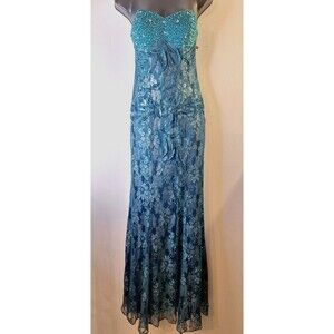 MAY QUEEN Teal Lace Mermaid PROM Dress Sz 4 Sequins Jeweled Formal Party Y2K